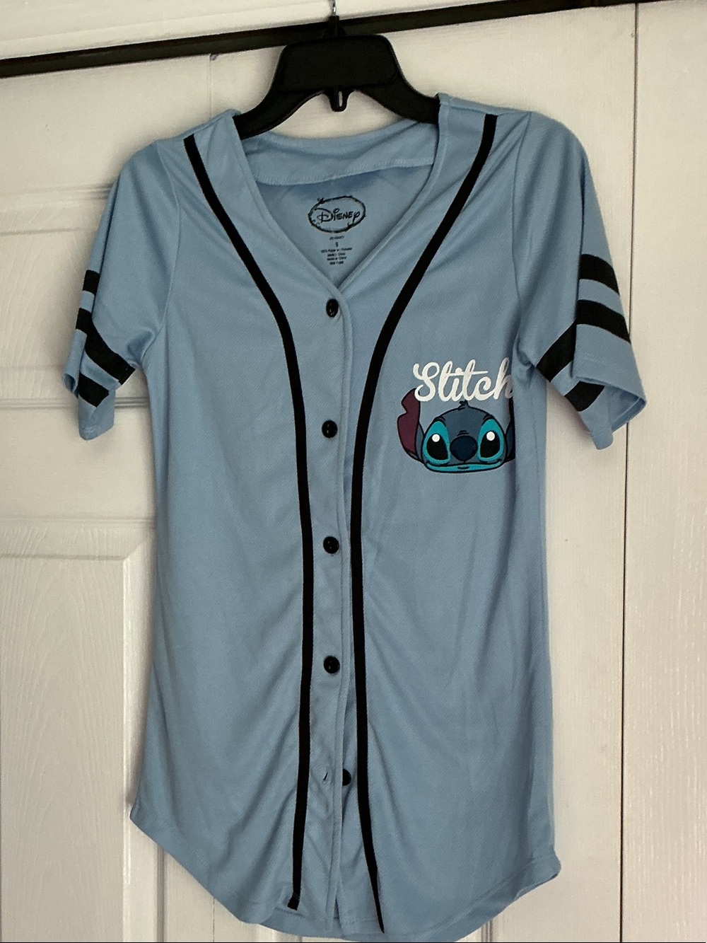 Disney Light Blue Stitch Baseball-Style Jersey with Black Trim